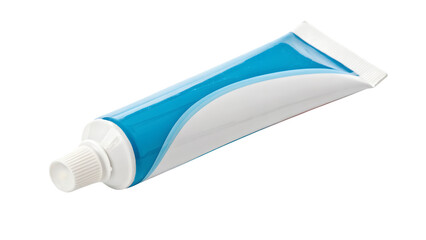 A white and blue toothpaste tube with a white cap isolated on transparent background