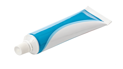 A white and blue toothpaste tube with a white cap isolated on transparent background