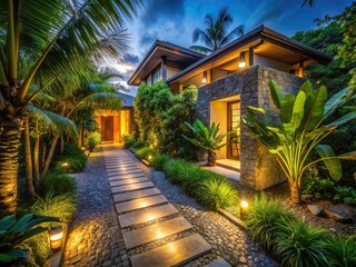 Fototapeta premium Night descends on a tropical modern home; stone path winds through vibrant flora.
