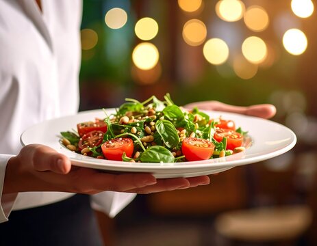 A waiter presents a plate of fresh salad