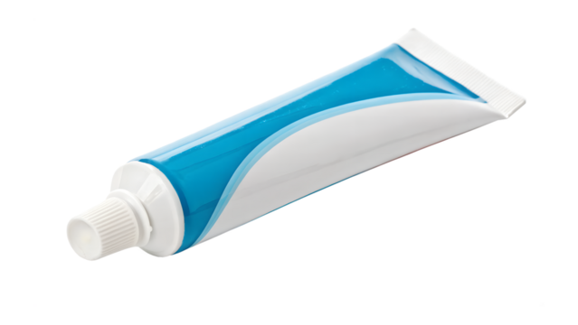 A white and blue toothpaste tube with a white cap isolated on transparent background - Powered by Adobe