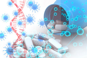 DNA strands, pills, and virus model represents pharmaceutical research and drug discovery. 3d illustration