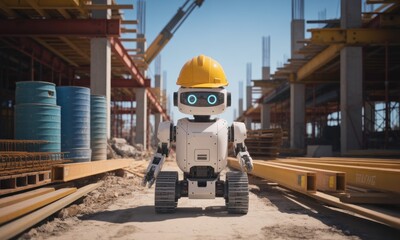 Construction bot wears hardhat amidst scaffolding, barrels, rebar, steel