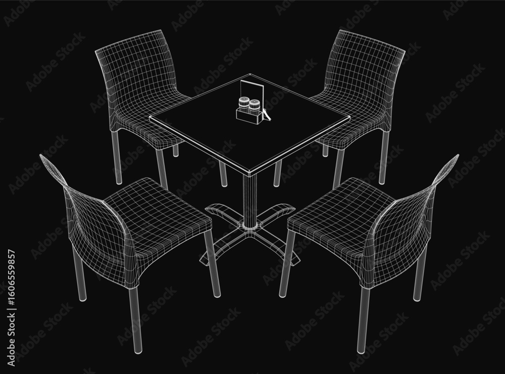 Aufkleber a 3d wireframe model of a rectangular table surrounded by four chairs on a black background. the tab