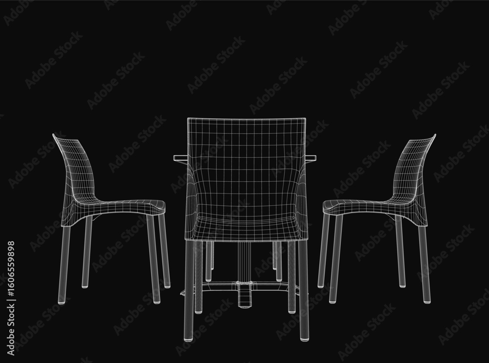Poster a 3d model of a chair and table on a black background, featuring realistic rendering and detailed wi