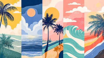 Tropical Paradise Beach Scenery with Palm Trees and Sunset Graphic Illustration Collection in Dreamy Pastel Colors for Vacation Concept