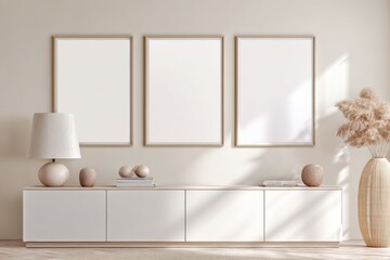 Minimalist interior with three blank frames, a white media console, and pampas grass