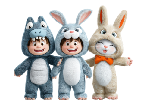 Fun kids in animal costumes indoor party playful environment. Isolated on transparent background, png.