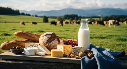 Fototapeta premium Country picnic scene with cheese, bread, milk, and cows in the background