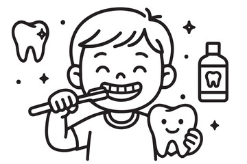 A clean black and white vector shows a child brushing teeth, outlined in black, reflecting the importance of dental health and hygiene habits from a young age.

