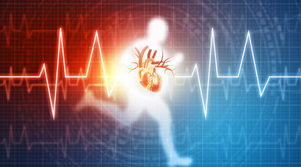 Human heart and exercise, cardio workout, cardiovascular heart health concept background. 3d illustration