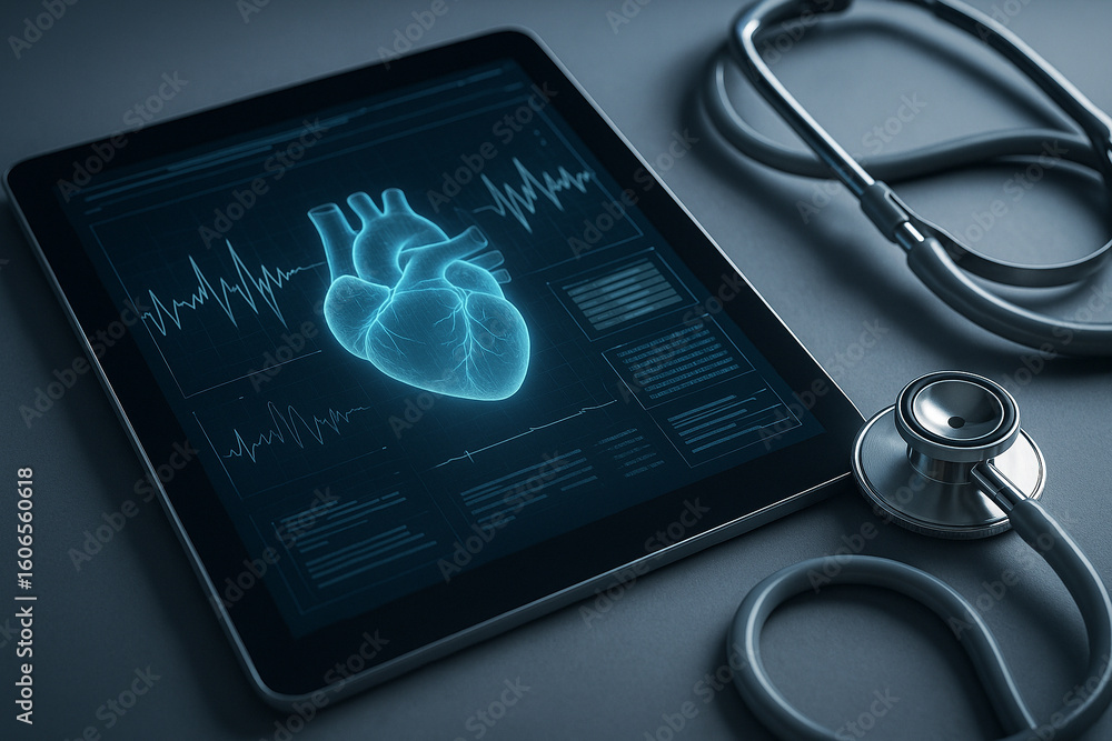 Poster ai generated image of a glowing blue heart with ecg waveform on a tablet screen beside a stethoscope