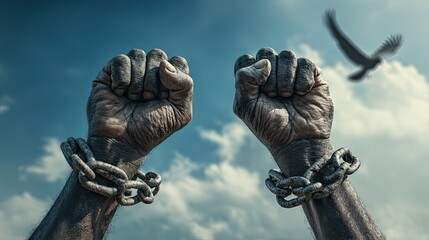 Under the blue sky and white clouds, a black fist breaks free from metal chains, symbolizing freedom, liberation and the abolition of slavery, with flying birds in the sky