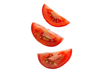 sliced tomatoes falling isolated on white or transparent png