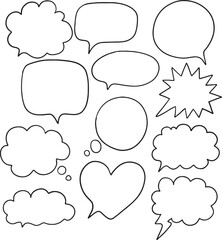 A set of diverse speech bubbles and text balloons in black outlines on a white background, perfect for graphic design and illustrations.
