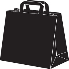A black shopping bag with handles stands against a white background in a minimalist graphic style image