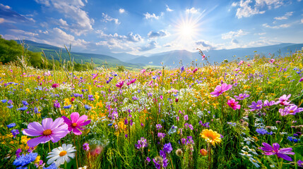 Vibrant wildflower meadow bathed in sunlight with distant mountains providing a breathtaking scenic vista on a beautiful summer day