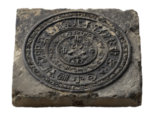 Close-up of ancient inscription on archaeological stone artifact. Isolated on transparent background, png.