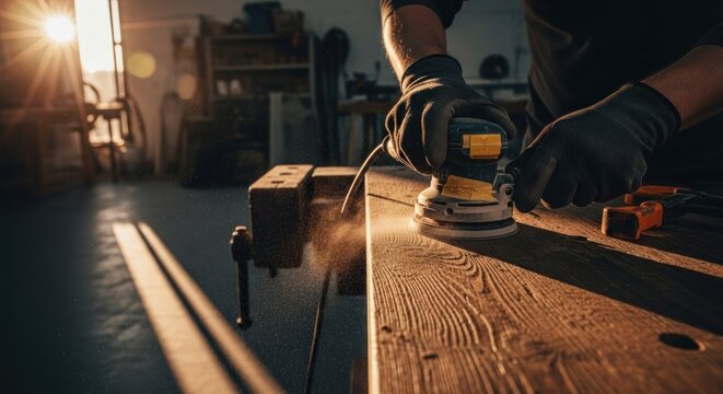 Skilled craftsman using a random orbital sander on a wooden workbench in a bright workshop