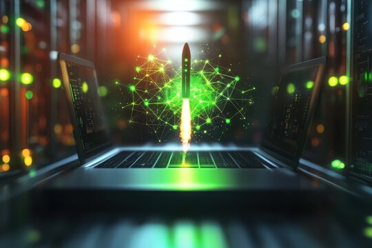 Rocket launch in a server room, illuminated by network connections. - Powered by Adobe