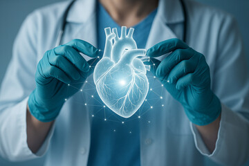 AI generated futuristic holographic human heart held by gloved doctor hands symbolizing advanced medical technology precision empathy and scientific innovation in healthcare environment