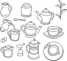A charming set of hand-drawn vector illustrations featuring various tea-related items, including teapots, cups, mugs, milk jug, sugar cubes, and tea leaves. Perfect for cafes, tea shops, and beverage.