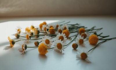 Daisies and chamomile scattered on a white surface, bathed in soft sunlight