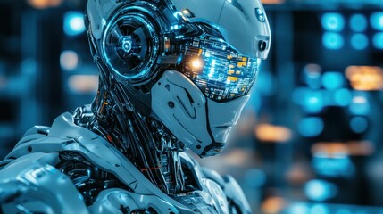 Fototapeta premium Futuristic robot head in a workshop