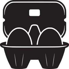 Black and white graphic illustration of an open egg carton with two eggs inside in silhouette style