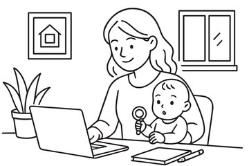 A black and white vector of a woman working from home on a laptop while holding her child, outlined in black, representing balance, care, and productivity.

