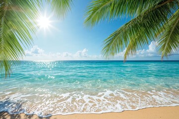 Summer Beach Scene with Sun, Ocean, Palm Leaves, Golden Sand, Waves, and Tropical Vibe