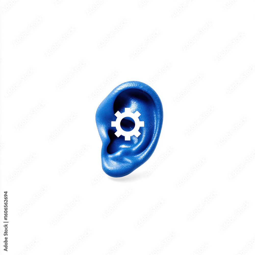 Poster blue ear icon combined with settings gear symbolizes audio control and customization. this unique de