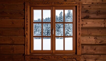 Fototapeta premium Wooden window with winter landscape