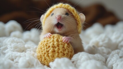 Cute hamster in knitted hat with food