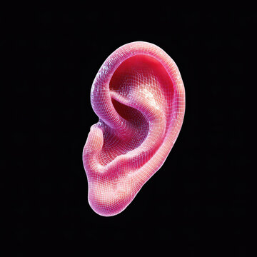 Digital representation of human ear, showcasing mesh structure with vibrant colors against black background. design emphasizes intricate details and contours of ear, creating visually striking