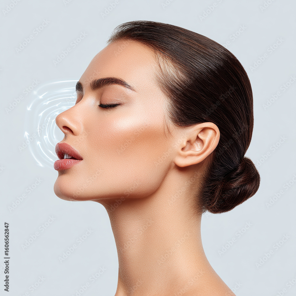 Poster side view of human face showcasing smooth skin and serene expression, complemented by animated wave 