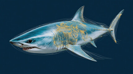 Naklejka premium Detailed illustration of shark with blue and silver color scheme, showcasing intricate patterns and textures. image captures essence of marine life and beauty of ocean predators