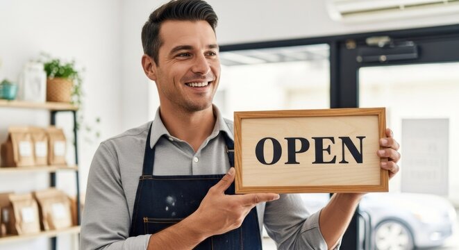 Smiling man in apron holds open sign