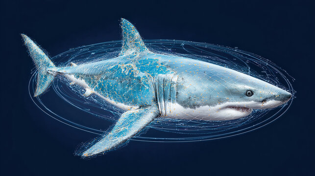 Digital representation of shark, showcasing intricate details and network of lines that suggest movement and tracking. image conveys sense of technology and marine life, emphasizing beauty