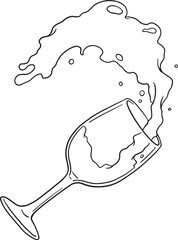 A dynamic hand-drawn vector illustration of a wine glass spilling liquid, capturing motion and splash. Perfect for bars, restaurants, event invitations, or designs related to parties and celebrations.