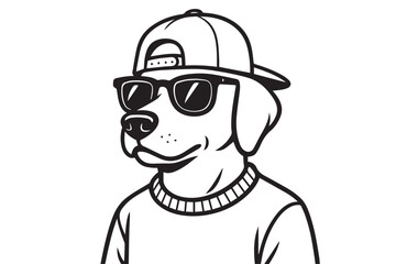 Minimalist vector illustration of a dog with sunglasses and a hat in black and white, outlined in bold black lines for a sleek, fashionable, modern appearance.

