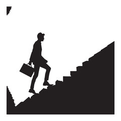Silhouette of a businessman climbing stairs with a briefcase symbolizing career advancement and success