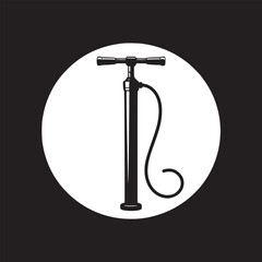 A black and white illustration of a bicycle pump inside of a white circle on a black background