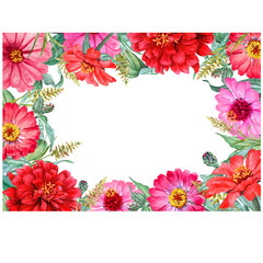Rectangular frame with Zinnia red and pink flowers all around