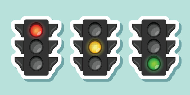 Traffic light sticker icon set collection in flat style. Stoplight vector illustration on isolated background. Semaphore sign business concept.