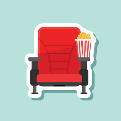 Movie seat with popcorn sticker icon in flat style. Theater armchair vector illustration on isolated background. Spectacle sign business concept.
