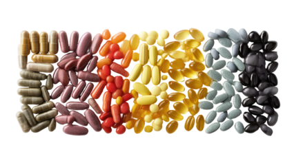 Overhead Shot of Flat Lay Supplement Containers on Transparent Background

