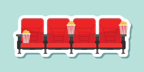 Movie seat with popcorn sticker icon in flat style. Theater armchair vector illustration on isolated background. Spectacle sign business concept.