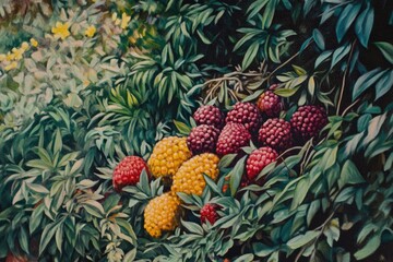 Lush foliage frames a cluster of vibrant red and golden berries, nestled amongst deep green leaves, illuminated by soft light suggesting a garden setting