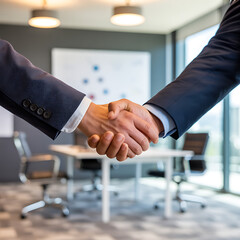 Two businessmen shaking hands in a modern office after a successful meeting